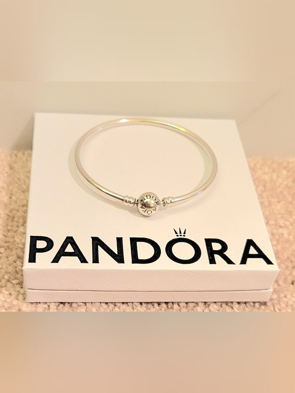 Pandora Moments Logo Clasp Bangle Bracelet Silver Size 7.5 NWOT